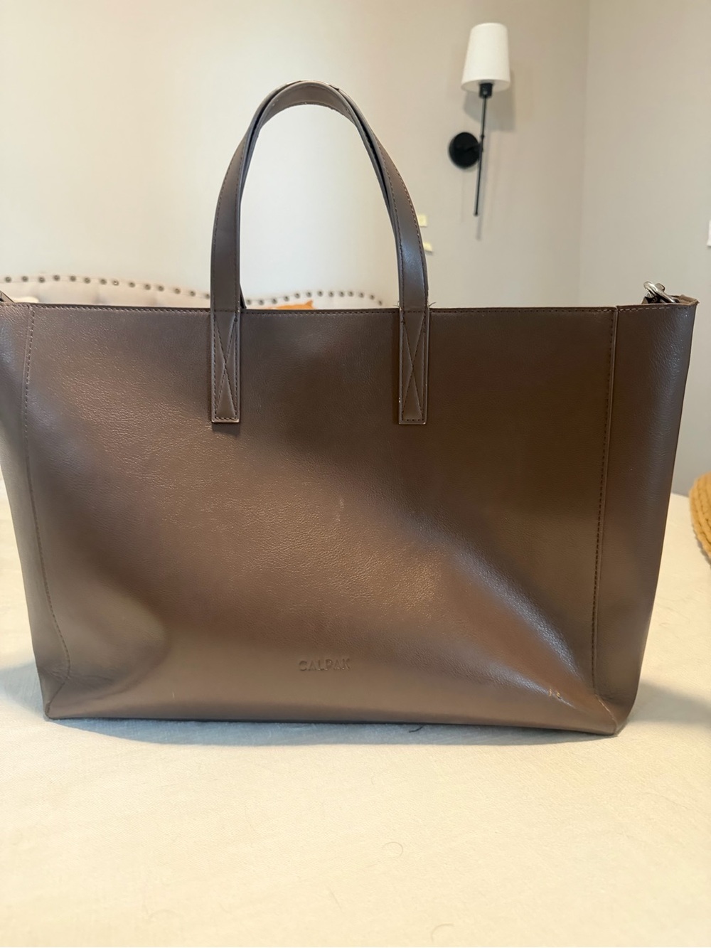 CALPAK leather laptop tote in espresso